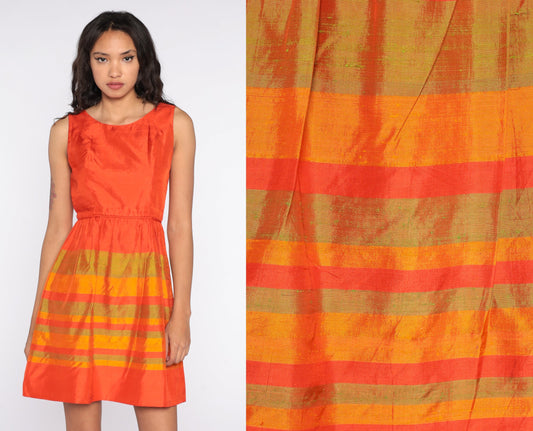 60s Orange Striped Mini Dress High Waist Sleeveless Cocktail Small