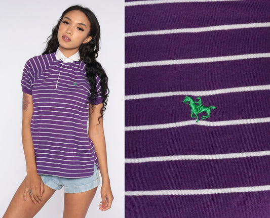 80s Purple Striped Horse Polo Shirt Short Sleeve Button Up Small S