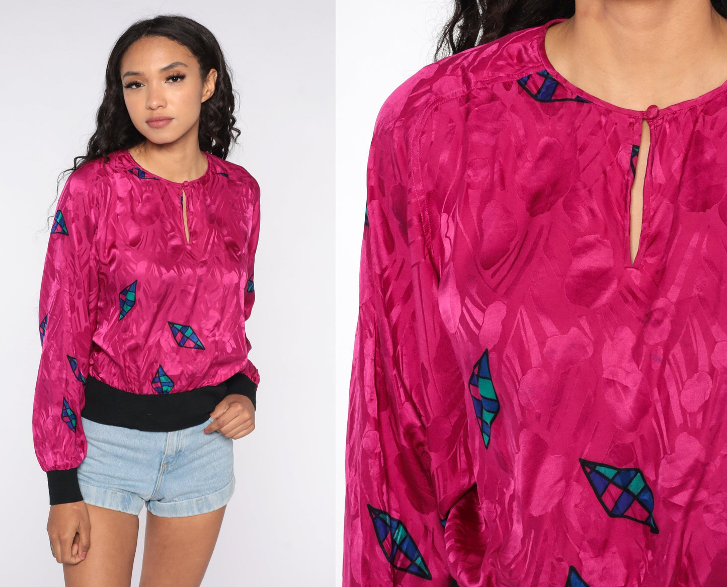80s Hot Pink Silk Blouse Geometric Print Long Sleeve Medium Large