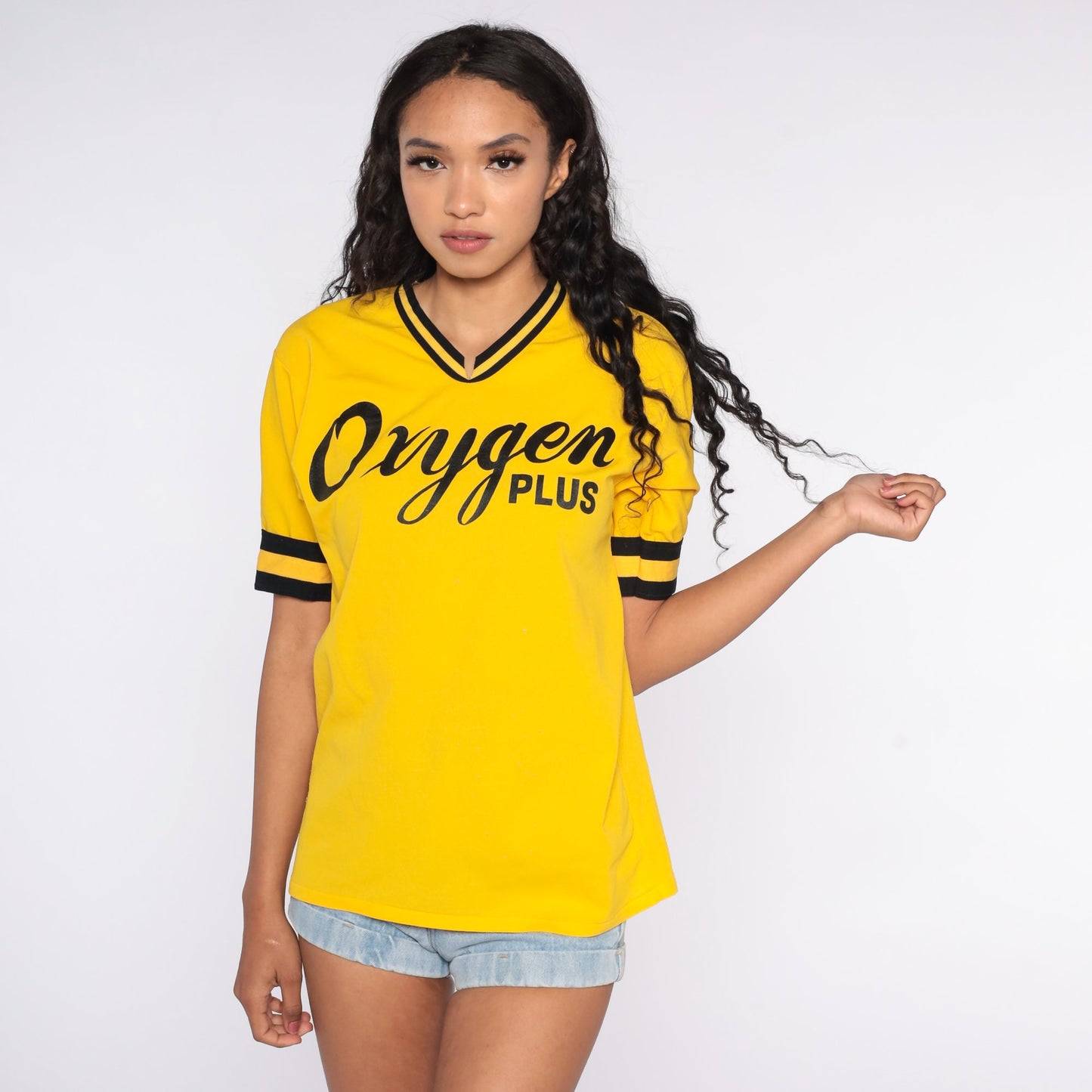 80s Oxygen Plus Ringer Tee Yellow V-Neck Graphic Shirt Medium