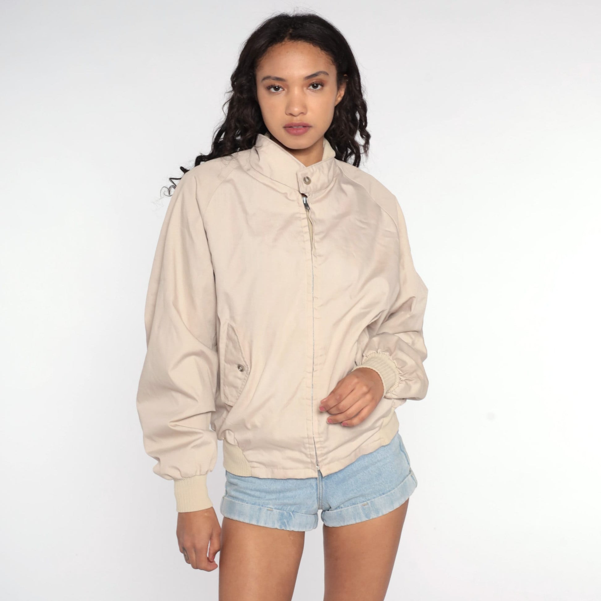 80s Beige Windbreaker Jacket Raglan Sleeve Zip Up Medium