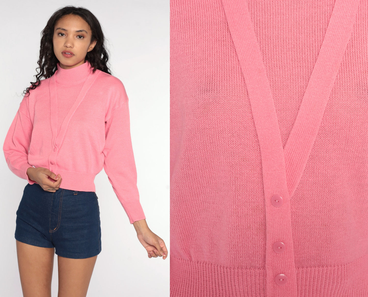 80s Pink Mock Neck Sweater Knit Pullover Small Medium