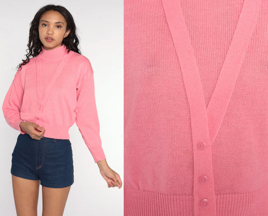 80s Pink Mock Neck Sweater Knit Pullover Small Medium