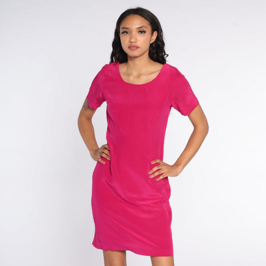 90s Hot Pink Silk Shift Dress Mini Short Sleeve Small 6