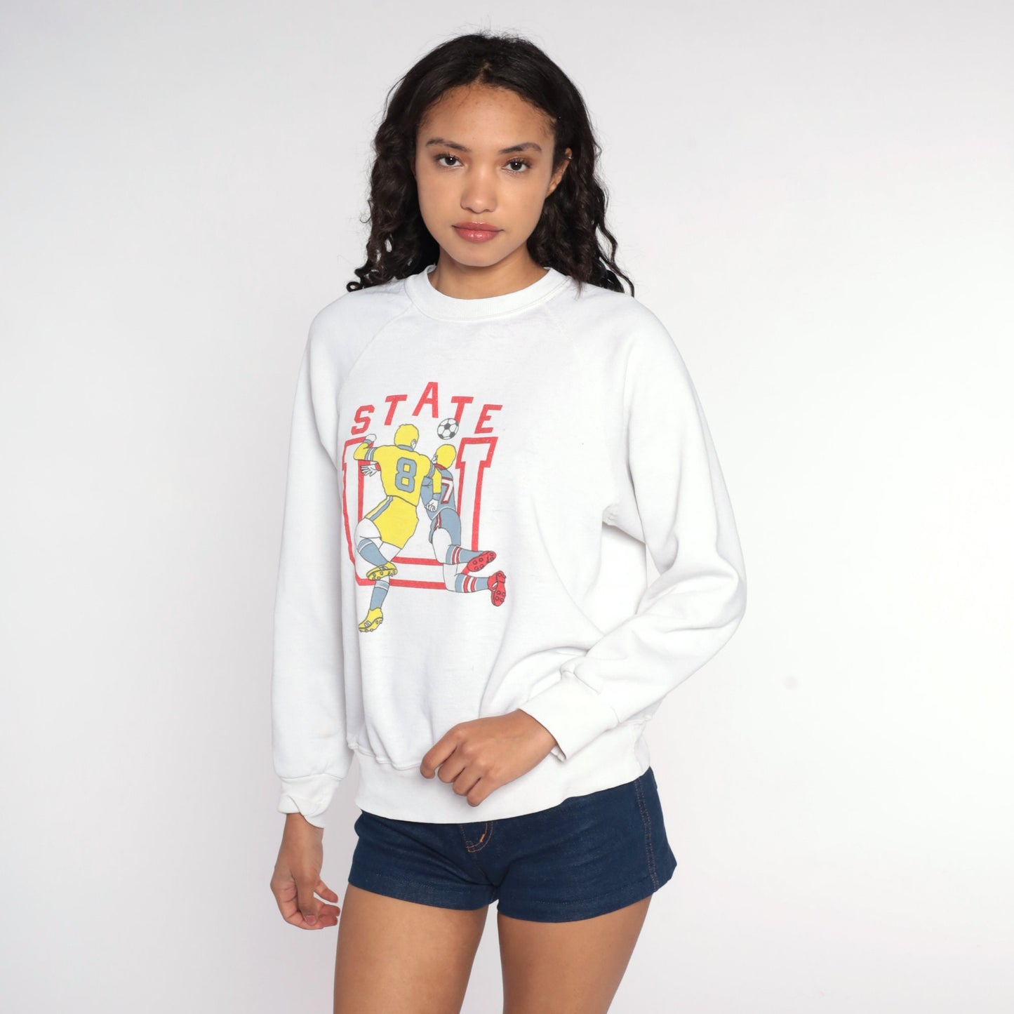 80s State U Football Sweatshirt White Graphic Crewneck Pullover Large