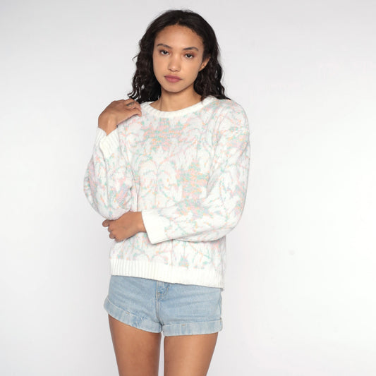 80s Geometric Leaf Knit Sweater White Pastel Pullover Medium