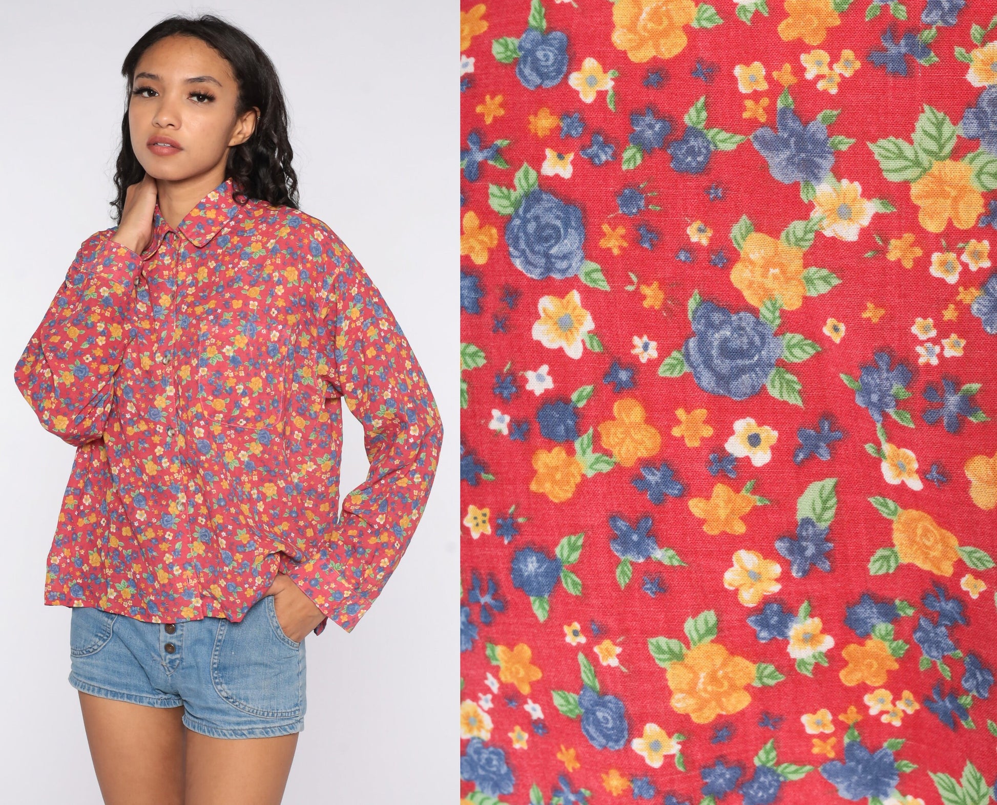 80s Pink Floral Button-Up Blouse Long Sleeve Vintage Shirt Extra Large XL