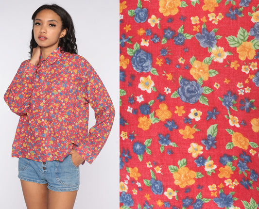 80s Pink Floral Button-Up Blouse Long Sleeve Vintage Shirt Extra Large XL