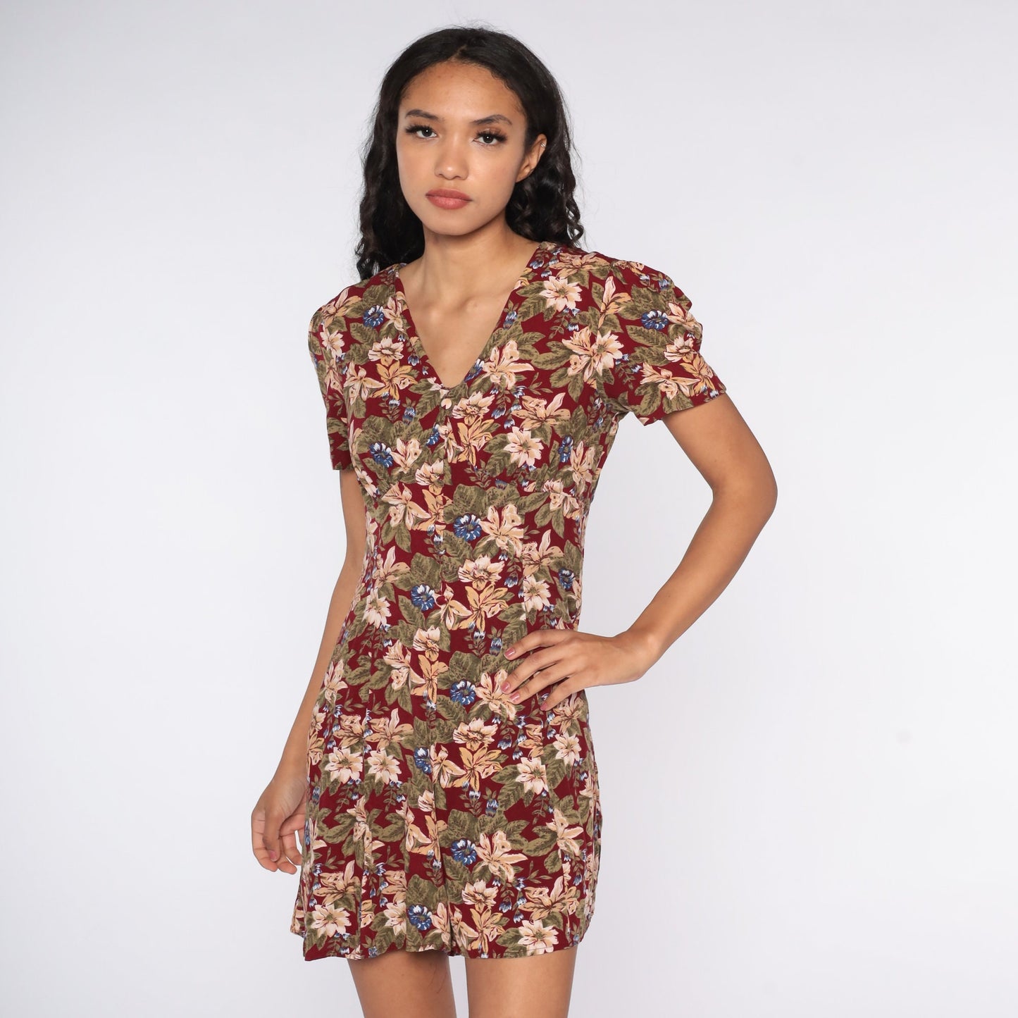 90s Burgundy Floral Romper Wide Leg Empire Waist Playsuit Small