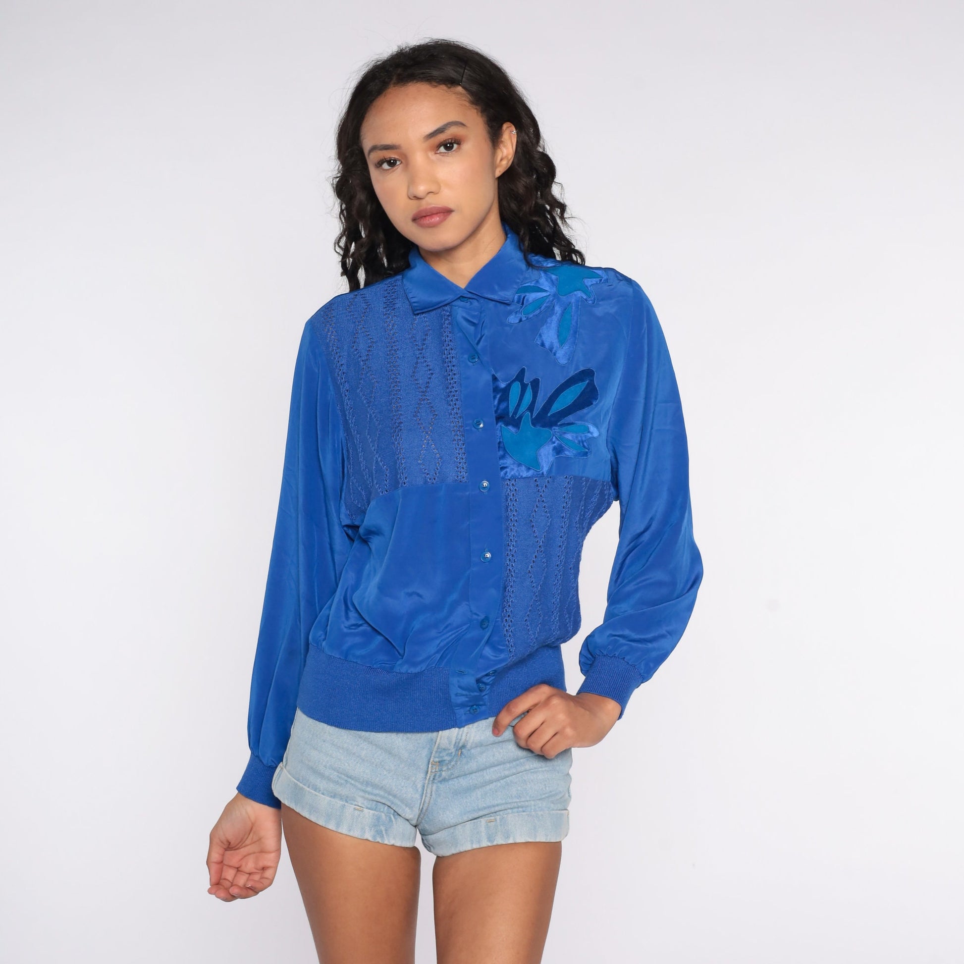 80s Royal Blue Cutout Blouse Abstract Button-Up Long Sleeve Small S