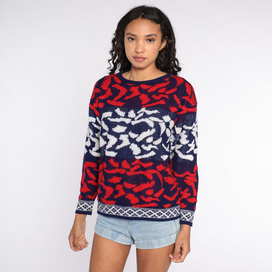 80s Abstract Print Knit Sweater Red White Blue Crewneck Medium