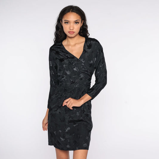80s Black Floral Embossed Mini Wrap Dress High Waisted V Neck Small S