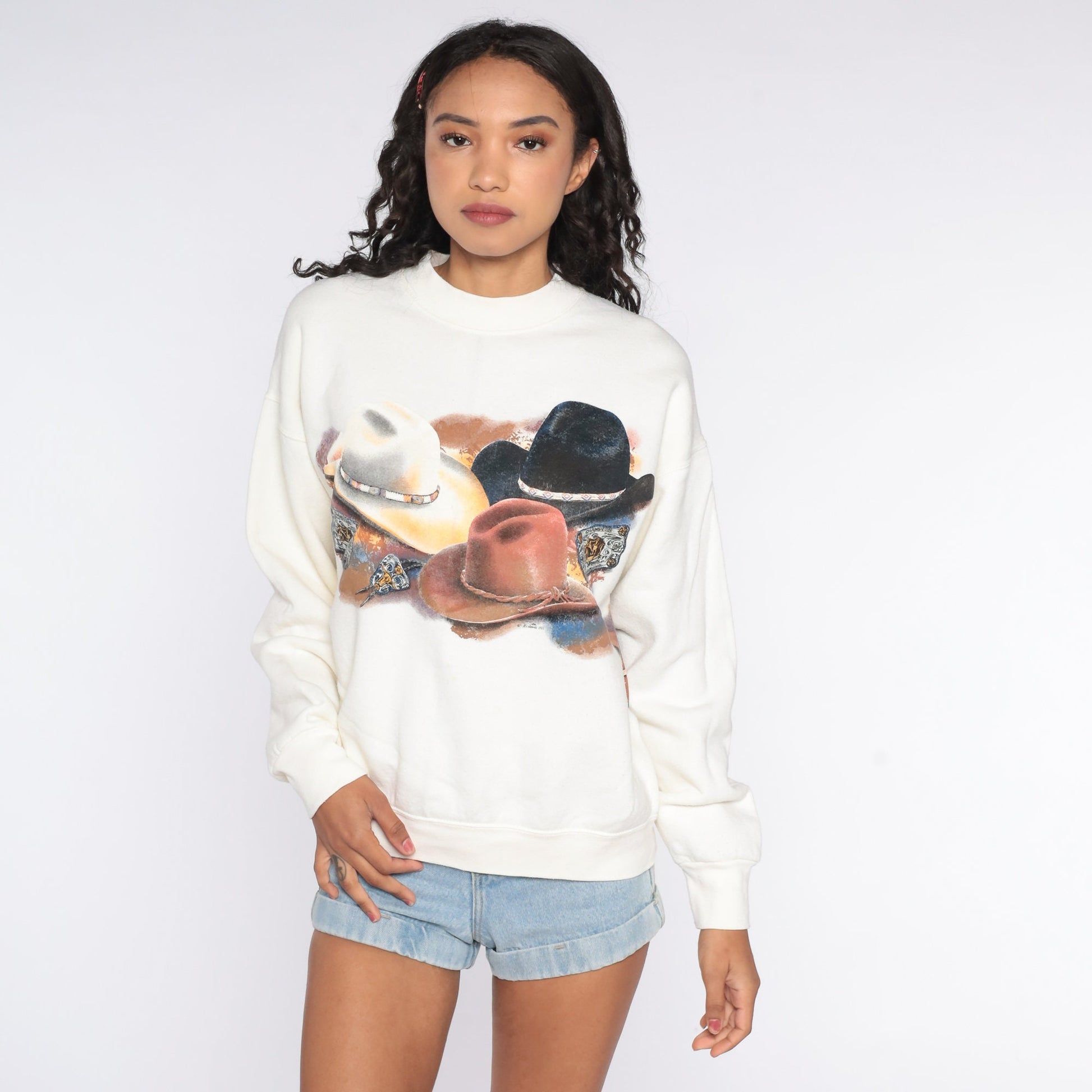 90s Cowboy Hat Graphic Sweatshirt Cream Crewneck Pullover Large L