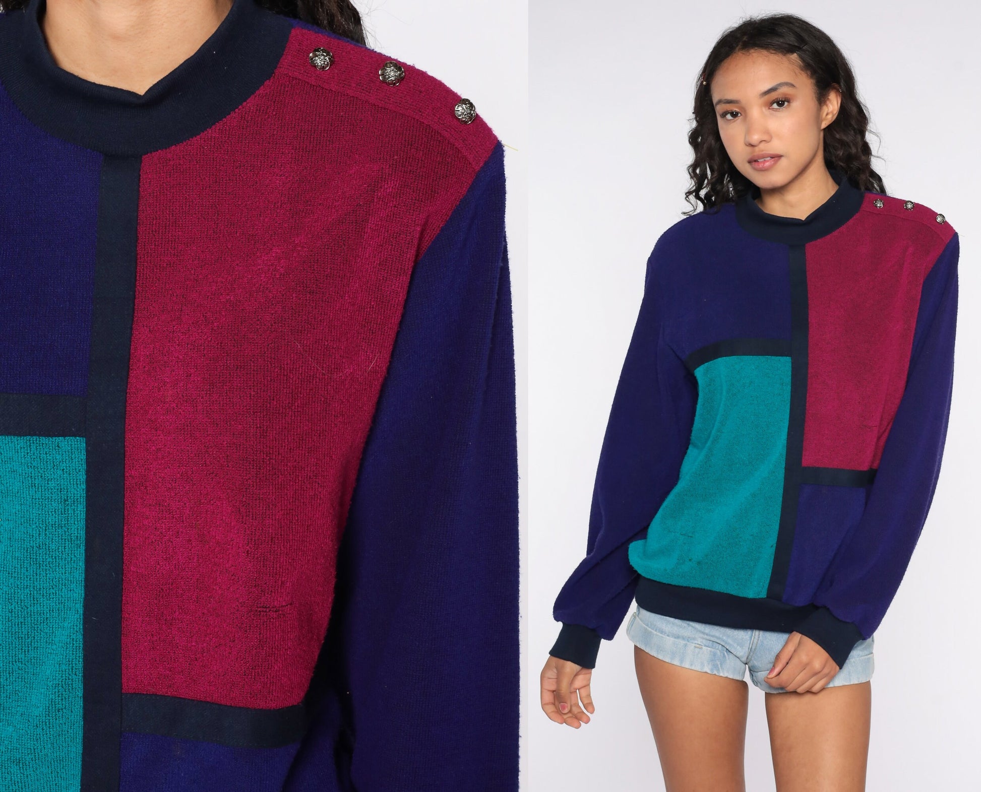 80s Color Block Sweatshirt Purple Turquoise Crewneck Pullover Medium
