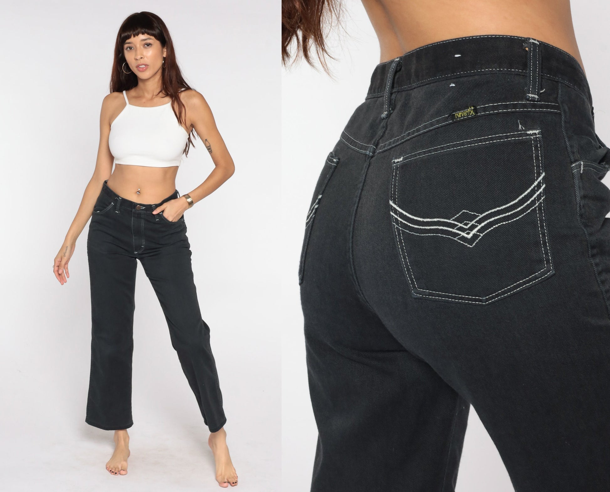80s Maverick Black Denim High Waisted Straight Leg Jeans Medium