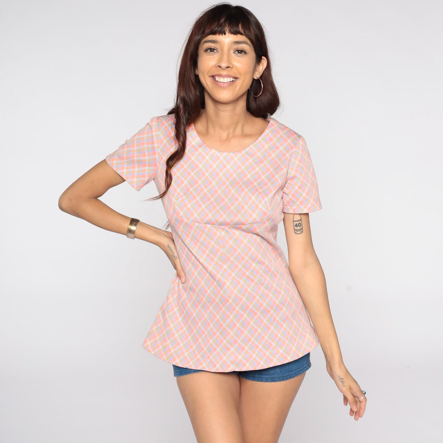 70s Pink Plaid Blouse Short Sleeve Checkered Vintage Shirt Small