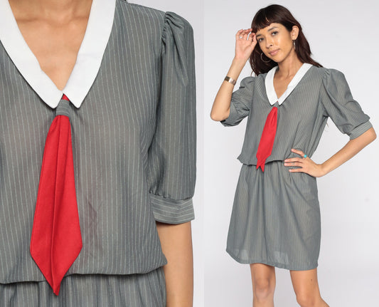 80s Grey Striped Mini Dress Puff Sleeve Ascot Necktie White Collar Medium