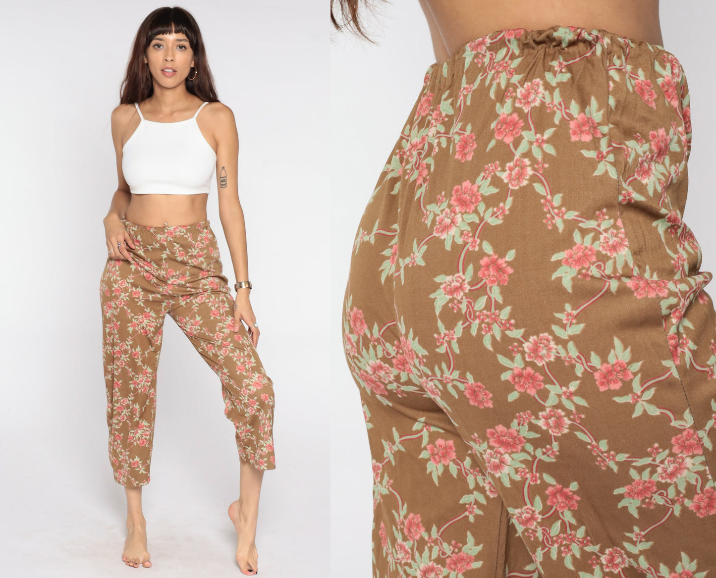 80s Floral Trousers Brown Pink Print High Waist Straight Leg Small