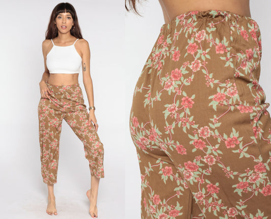 80s Floral Trousers Brown Pink Print High Waist Straight Leg Small