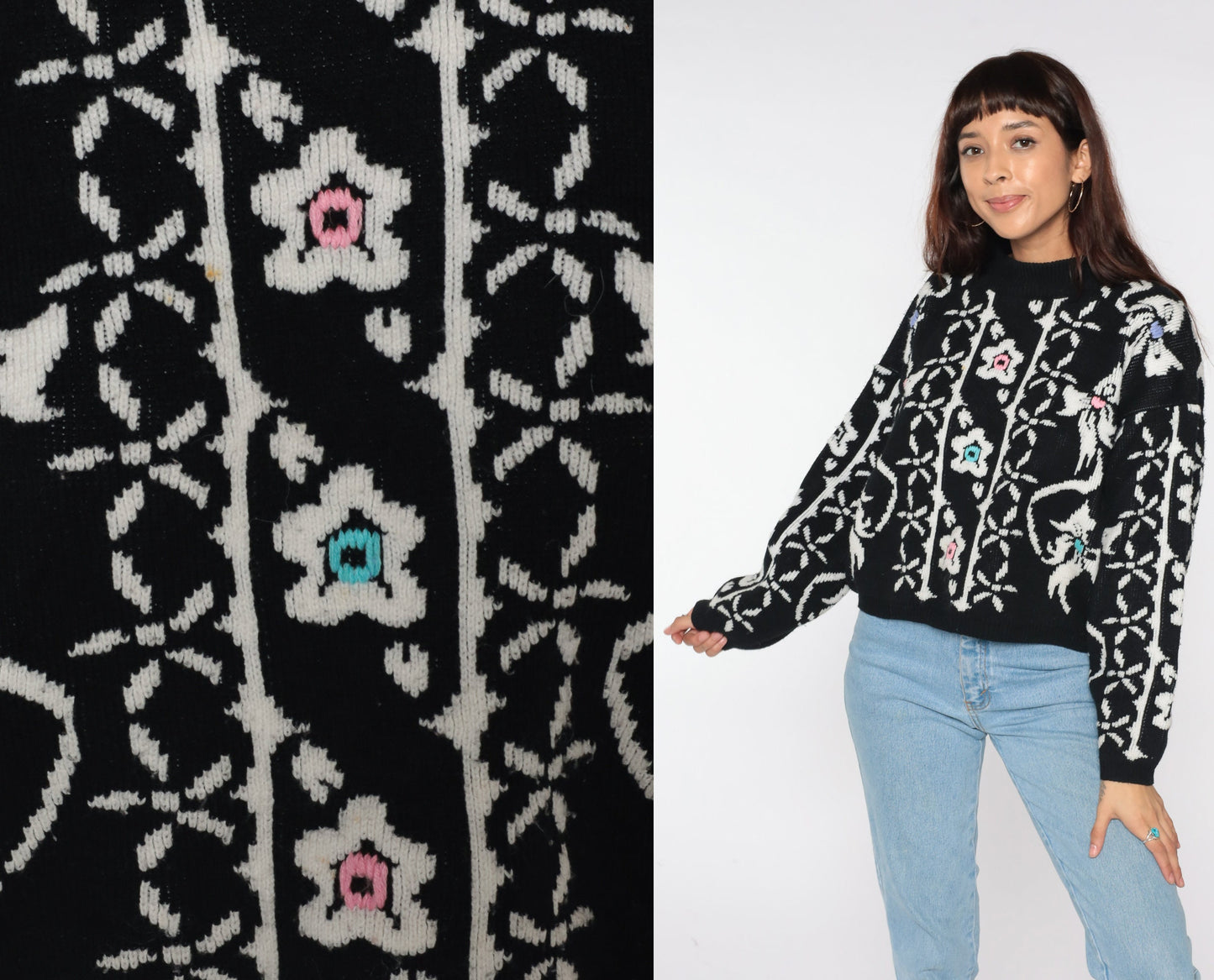 80s Black Floral Sweater White Print Pullover Knit Large