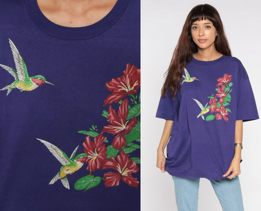 90s Hummingbird Canna Flower T-Shirt Purple Graphic Tee Plus Size XXL