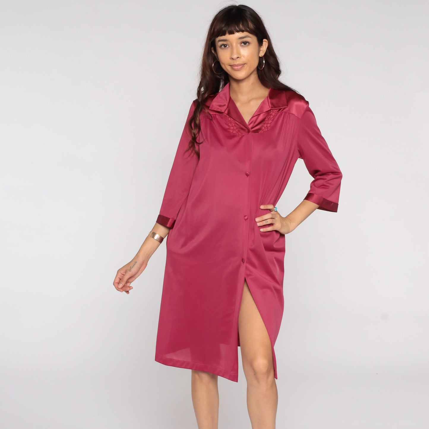 80s Raspberry Nylon Pajama Dress Floral Embroidery Button Front Midi Large L