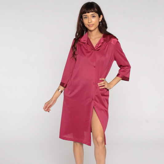 80s Raspberry Nylon Pajama Dress Floral Embroidery Button Front Midi Large L