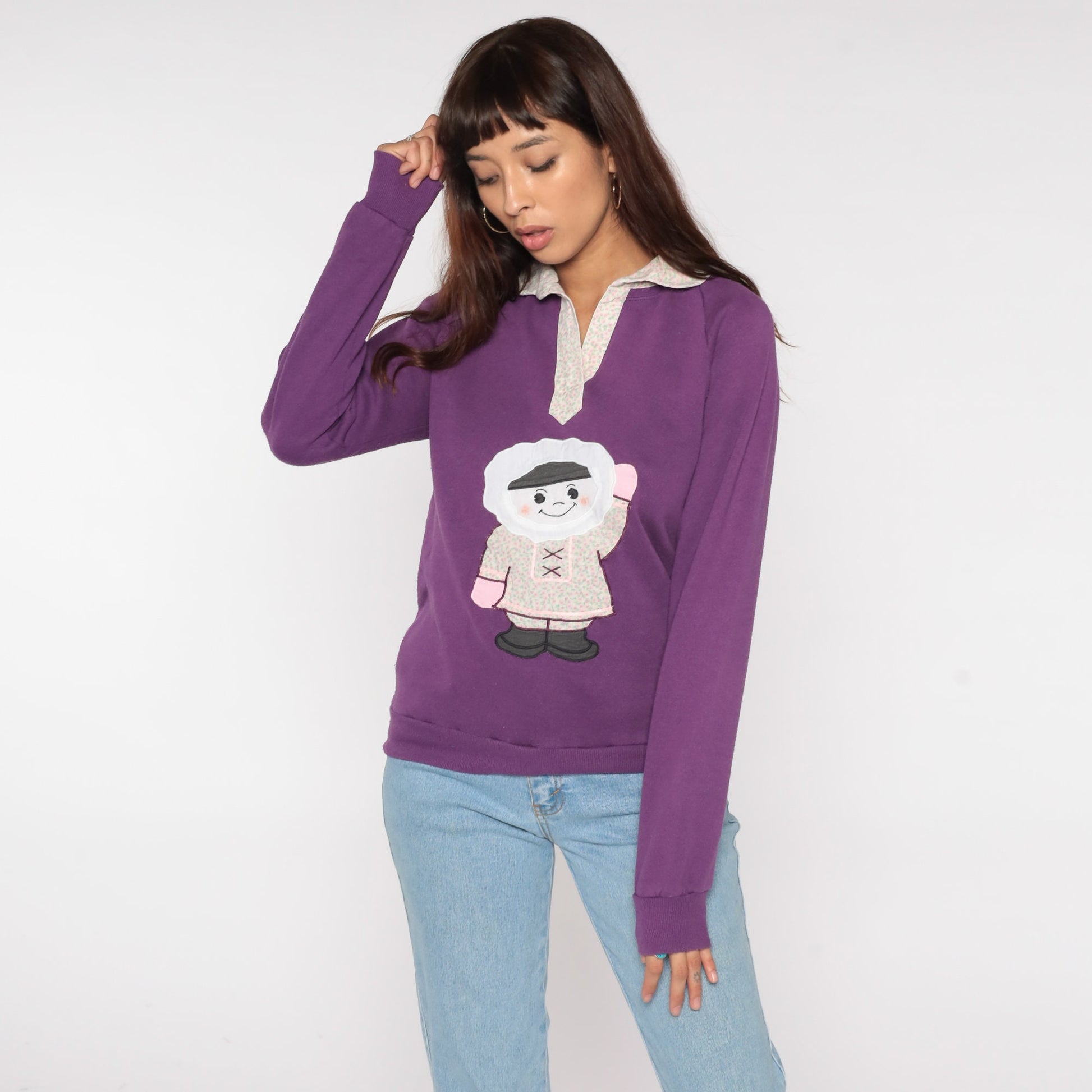 80s Jerzees Sweatshirt Purple Graphic Collared Crewneck Small
