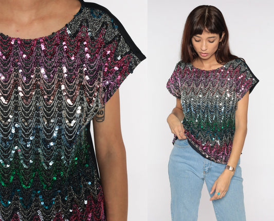 80s Sequin Beaded Blouse Cap Sleeve Black Metallic Pink Blue Green Small Medium
