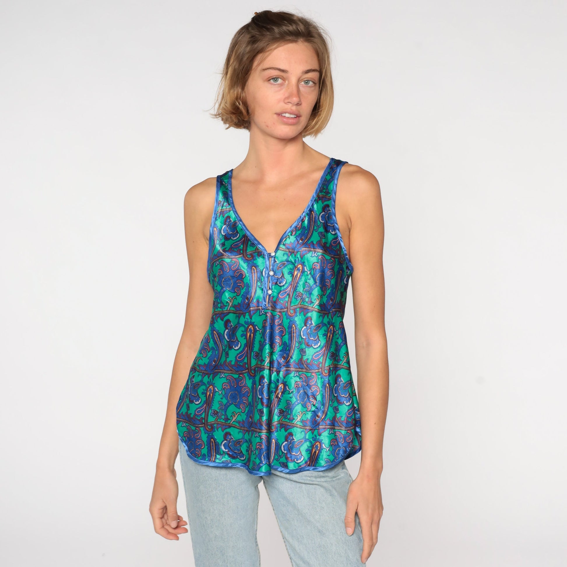 90s Green Paisley Satin Camisole Deep V Neck Tank Top Medium