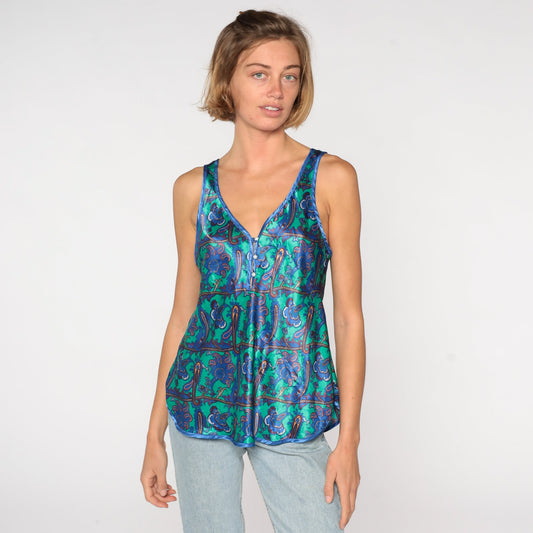 90s Green Paisley Satin Camisole Deep V Neck Tank Top Medium
