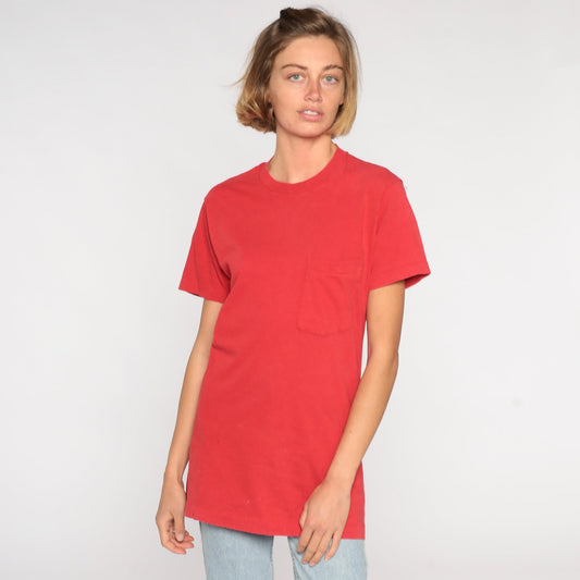80s Red Cotton Pocket T-Shirt Plain Tee Small S