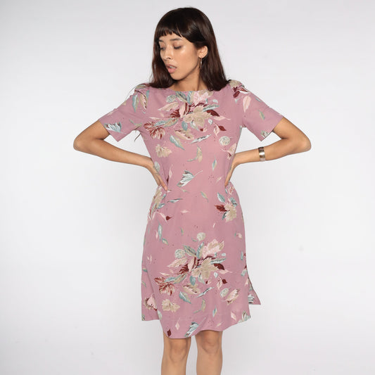 80s Purple Floral Puff Sleeve Dress Knee-Length Small Medium