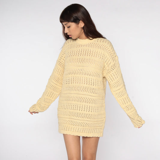 80s Yellow Metallic Knit Sweater Sheer Cutout Pullover Large