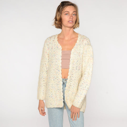 70s Cream Flecked Open Weave Cardigan Sweater Knit Medium Large