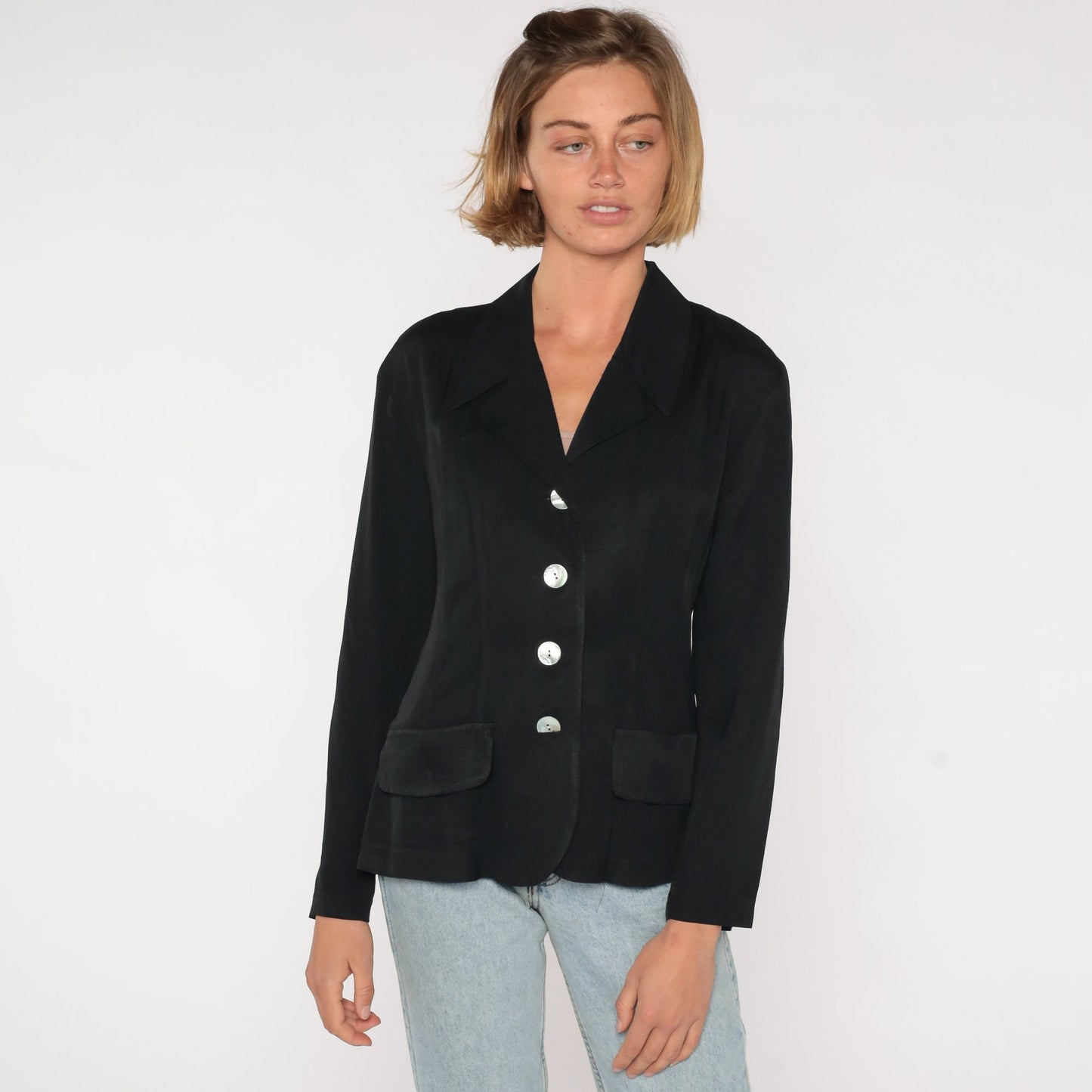 90s Black Blazer Four Button Structured Jacket Small S
