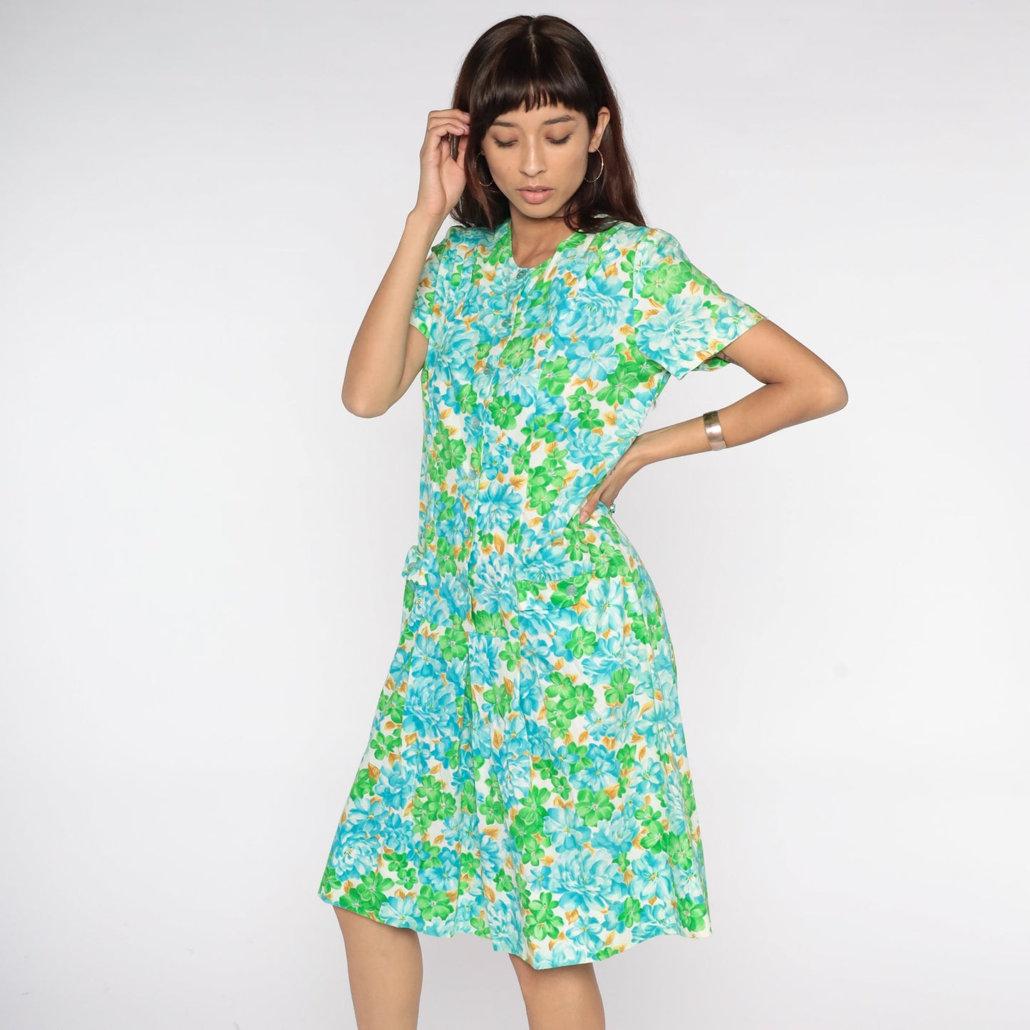 60s Floral Print Button-Up Dress White Blue Green Knee-Length Medium