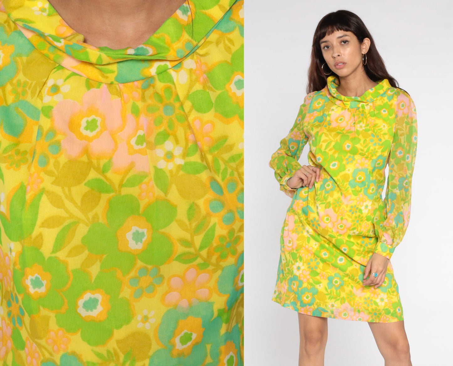 1970s Neon Yellow Floral Mini Shift Dress Long Sleeve Small S