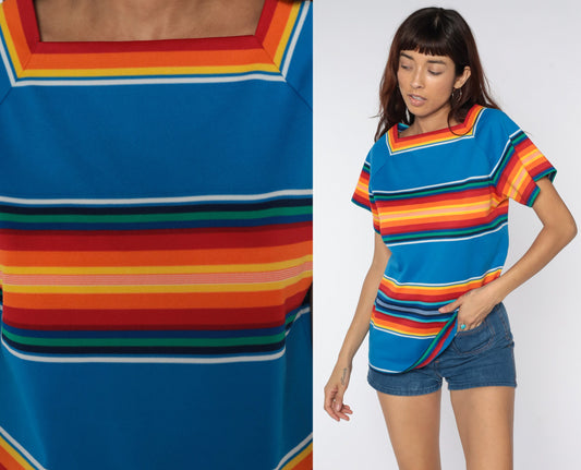 70s Rainbow Striped Raglan Blouse Polyester Knit Top Medium Large
