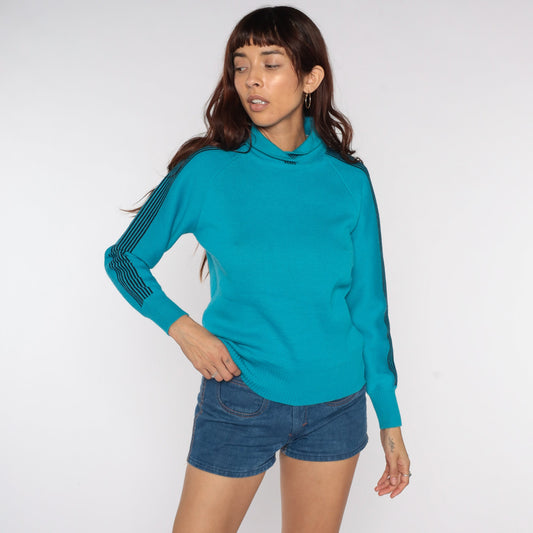 80s Blue Striped Wool Raglan Sweater Knit Pullover Small Medium