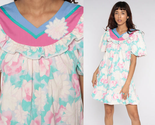 80s Floral Mini Dress Puff Sleeve Tent Cut White Pink Green Medium