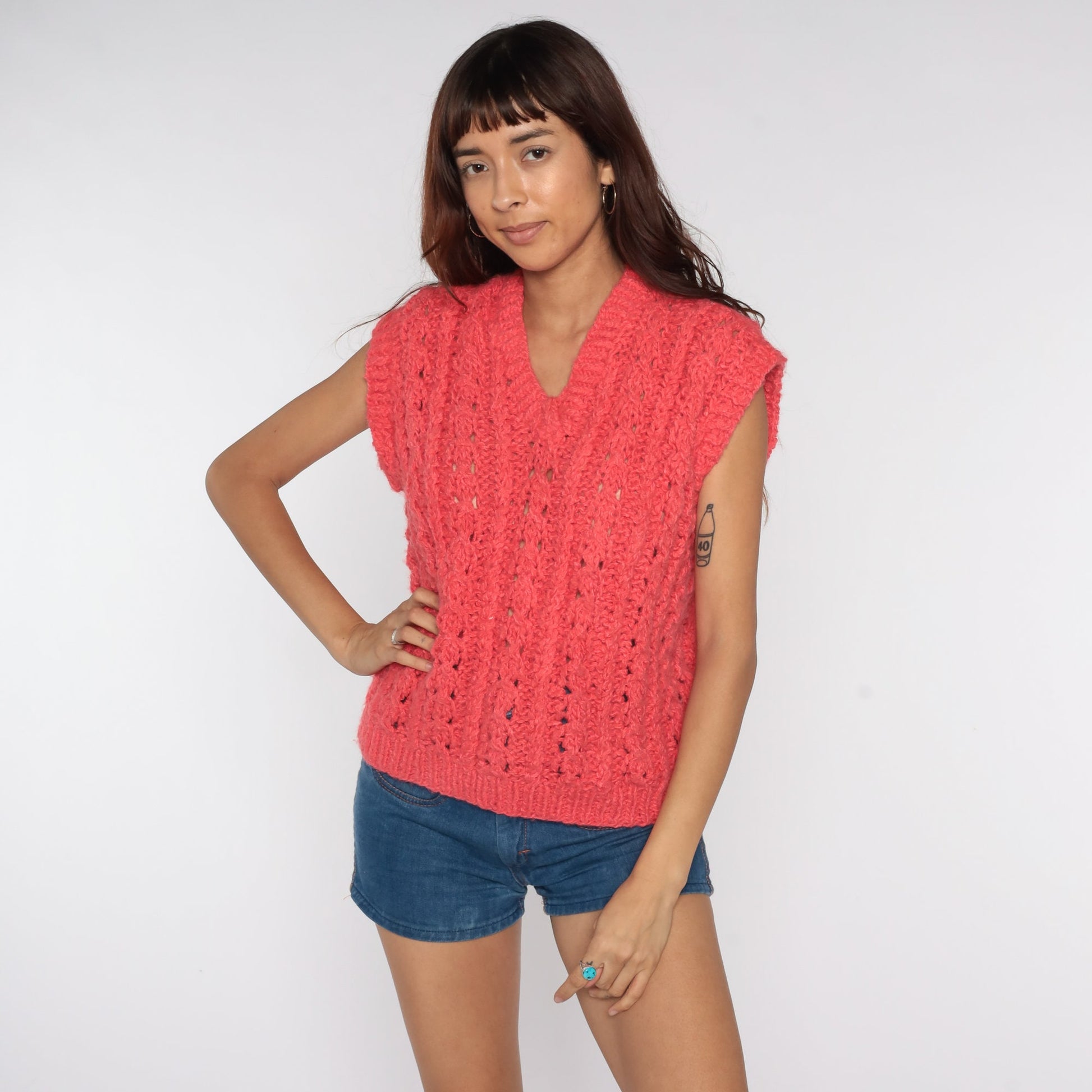 80s Pink Sheer Knit Vest Cap Sleeve V-Neck Sweater Top Large L