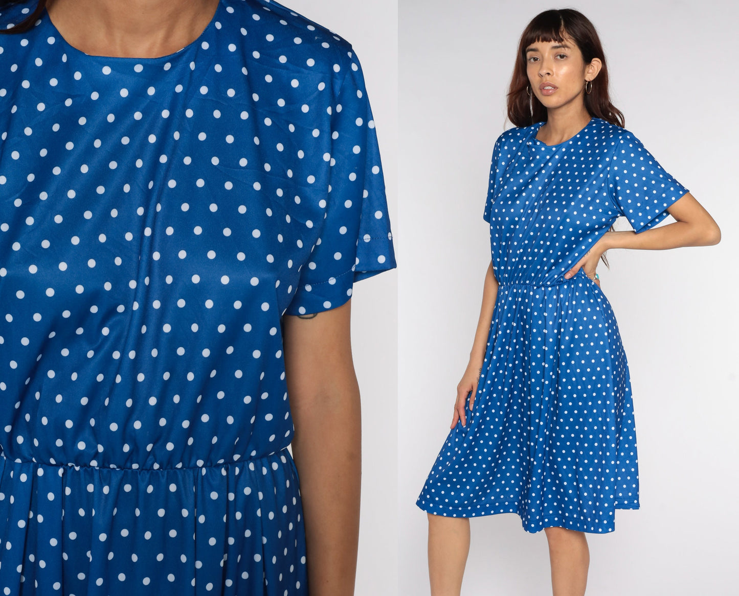 Y2K Blue Polka Dot Midi Dress High Waisted Short Sleeve Flared Large L