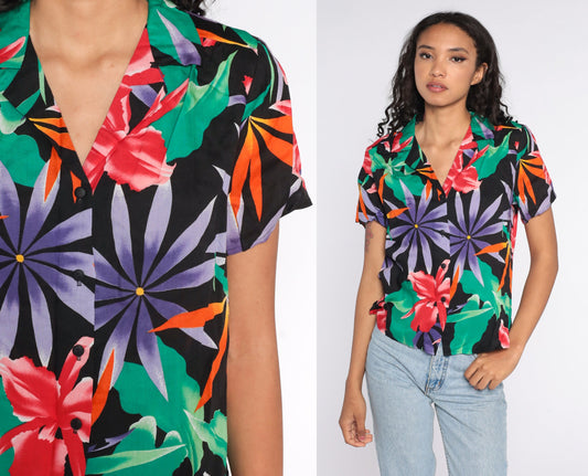 80s Tropical Floral Black Button-Up Blouse Short Sleeve Medium