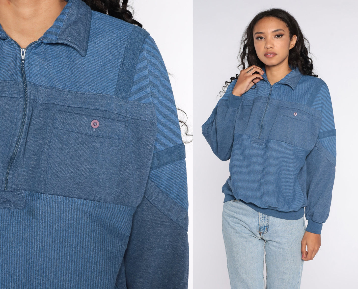 80s Striped Quarter Zip Sweatshirt White Blue Yellow Drawstring Large