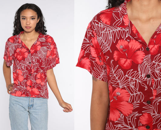 80s Red Hawaiian Floral Shirt Button Up Tropical Blouse Large L