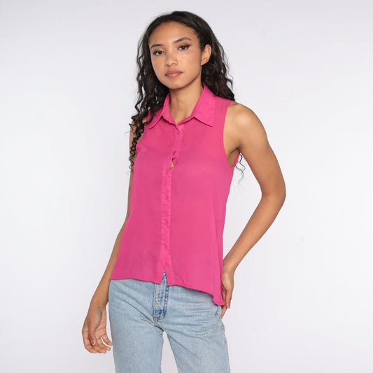 90s Sheer Pink Button-Up Tank Top Sleeveless Blouse Extra Small