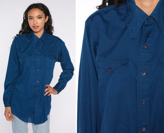 70s Navy Western Button-Up Shirt Long Sleeve Cotton Blend Medium Large