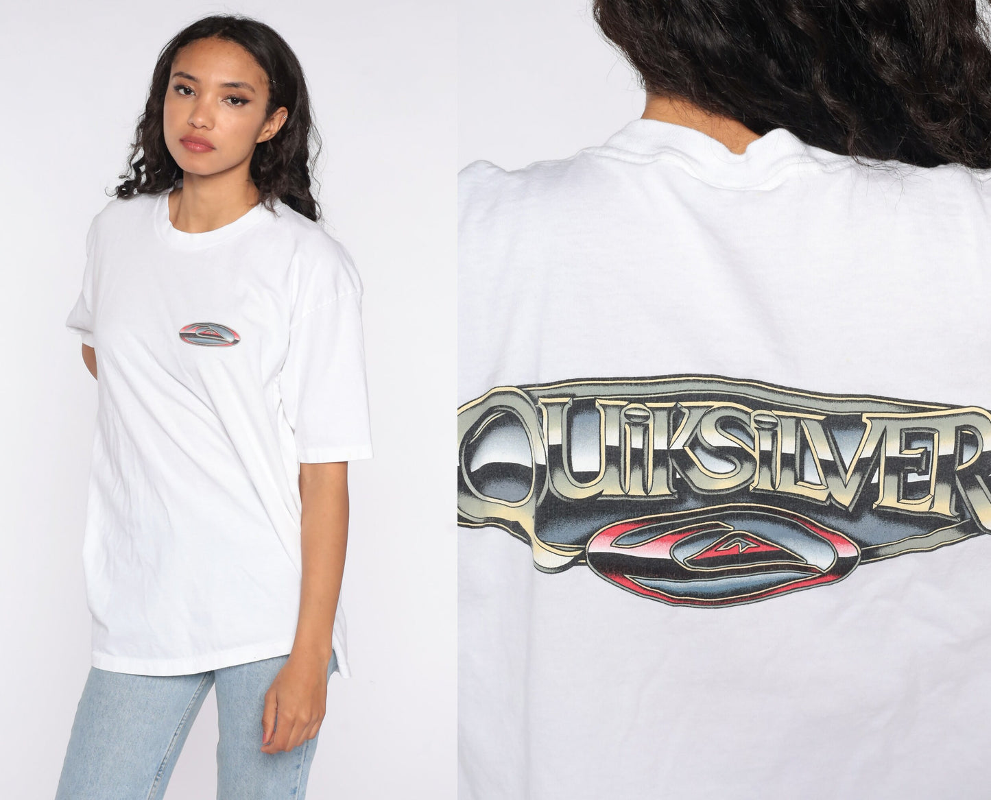 90s Quiksilver Logo T-Shirt White Graphic Surf Tee Large L