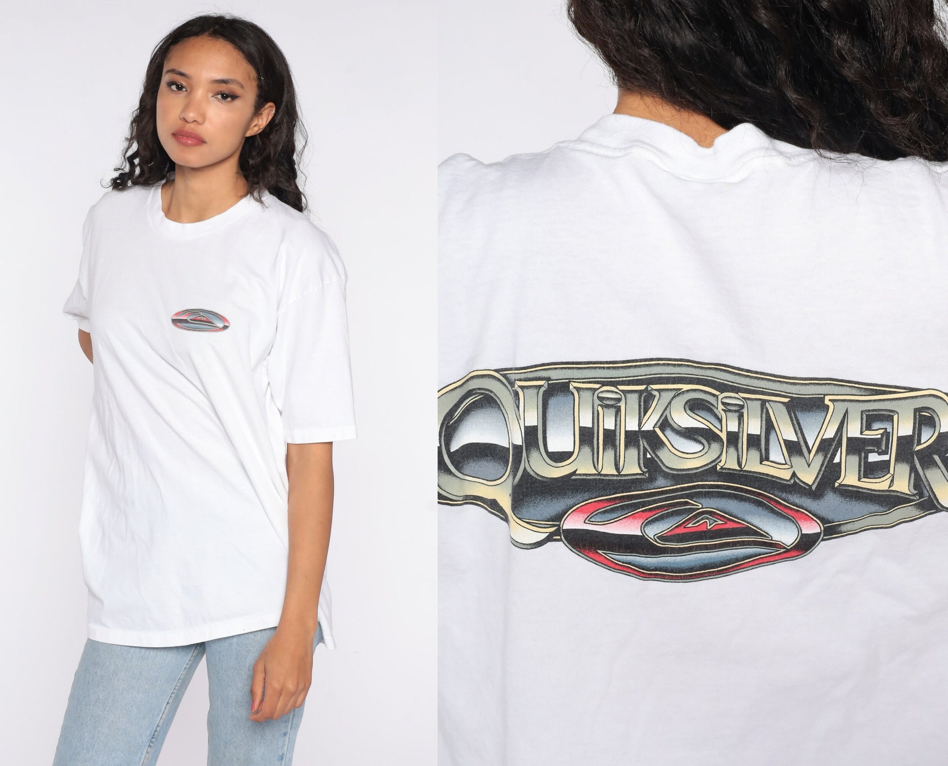 90s Quiksilver Logo T-Shirt White Graphic Surf Tee Large L
